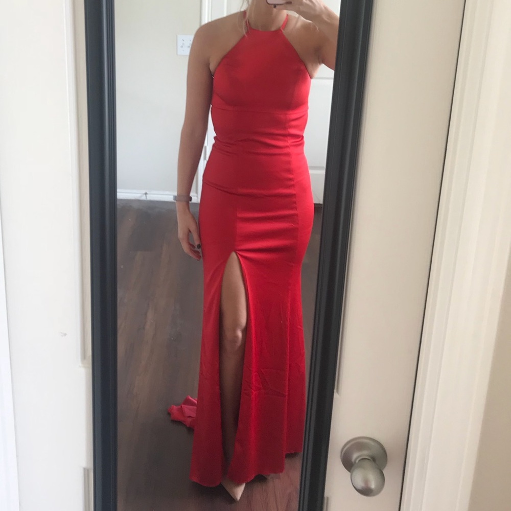 SOLD! Red high neck open back Sherri Hill gown - Picture 2 of 8